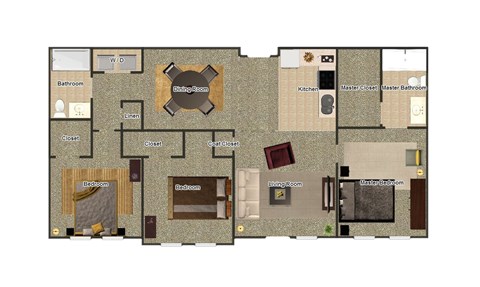 A floor plan of a house with a kitchen, living room, dining room, and bathroom.
